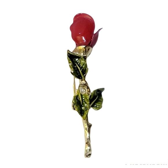 Gorgeous Vintage 2" Long Stem Red Rose Brooch Pin - Picture 3 of 5